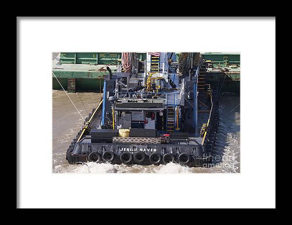 Weight Framed Print featuring the photograph Weight Lifter on Tug Boat ' Jesus Saves ' by D Wallace