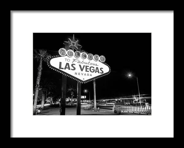 America Framed Print featuring the photograph Welcome to Fabulous Las Vegas - Neon Sign in Black and White by Gregory Ballos