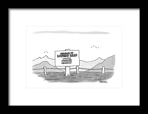 Death Framed Print featuring the drawing Welcome To Lovers' Leap by Jack Ziegler