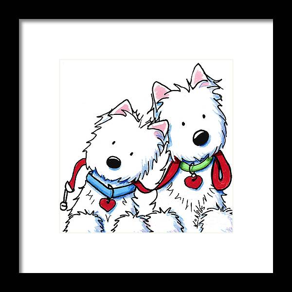 Westie Framed Print featuring the drawing Westie Dog Park Duo by Kim Niles aka KiniArt