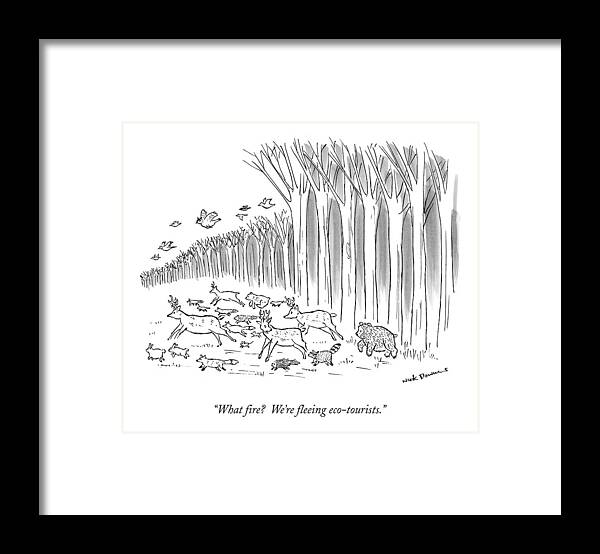Deer Framed Print featuring the drawing What Fire? We're Fleeing Eco-tourists by Nick Downes