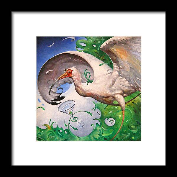 Scarlet Ibis Framed Print featuring the painting When Ibis's Drink Martini's by T S Carson