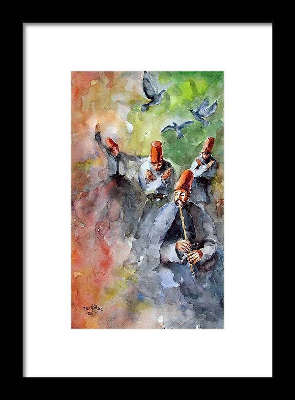 Mevlevi Cult Framed Print featuring the painting Whirling Dervishes and Pigeons     by Faruk Koksal