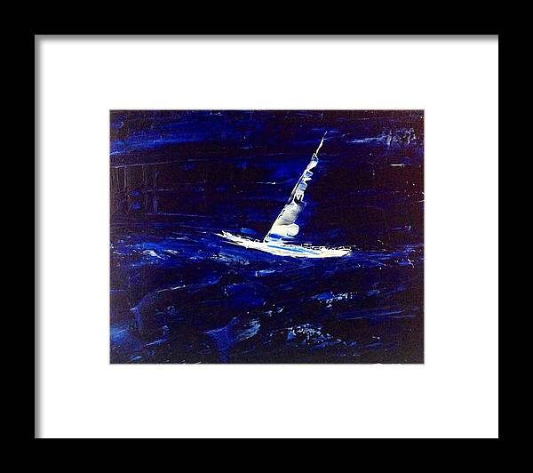 Abstract Painting Framed Print featuring the painting White Boat - Dark Sea and Sky by Desmond Raymond