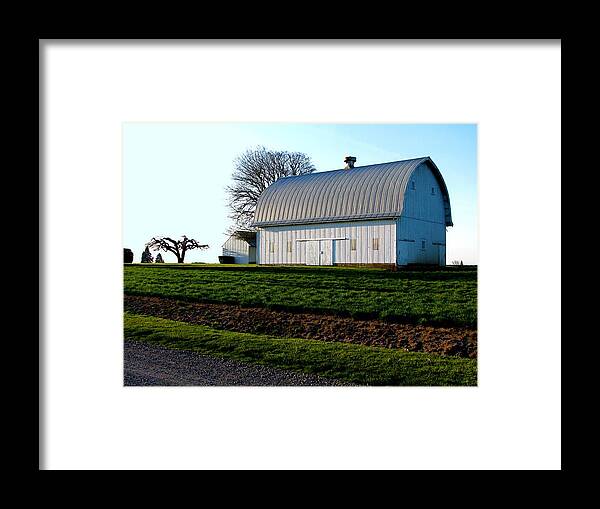 Agriculture Framed Print featuring the photograph White Barn Sunset Howell Prairie by Lora Fisher