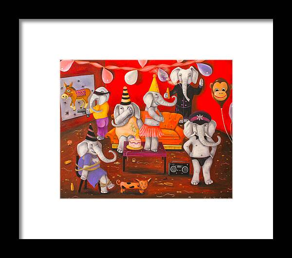 Elephant Framed Print featuring the painting White Elephant Party edit 5 by Leah Saulnier The Painting Maniac