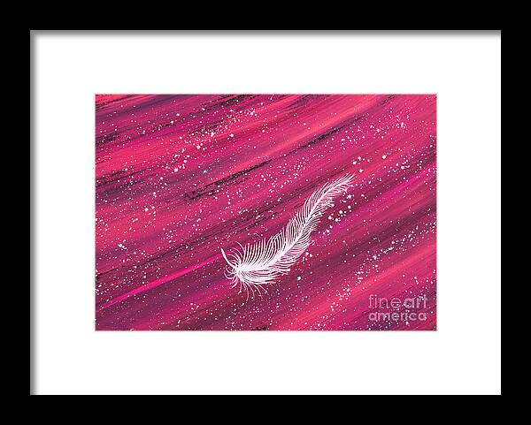 Feather Framed Print featuring the painting White spiritual feather on pink streak by Carolyn Bennett by Simon Bratt