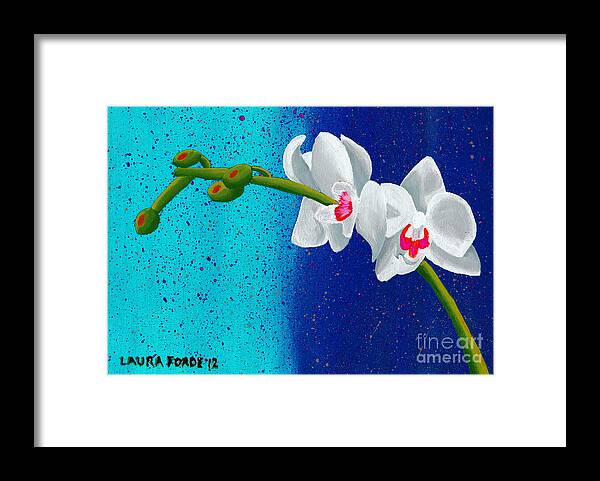 White Orchids Framed Print featuring the painting White Orchids on Blue by Laura Forde