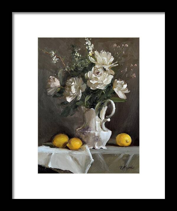 White Framed Print featuring the painting White Peonies by Viktoria K Majestic