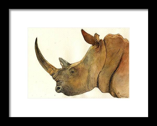 White Framed Print featuring the painting White rhino head study by Juan Bosco