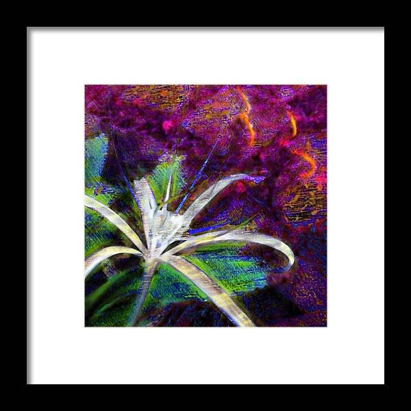 Sharkcrossing Framed Print featuring the painting S White Spider Flower on Orange and Plum - Square by Lyn Voytershark