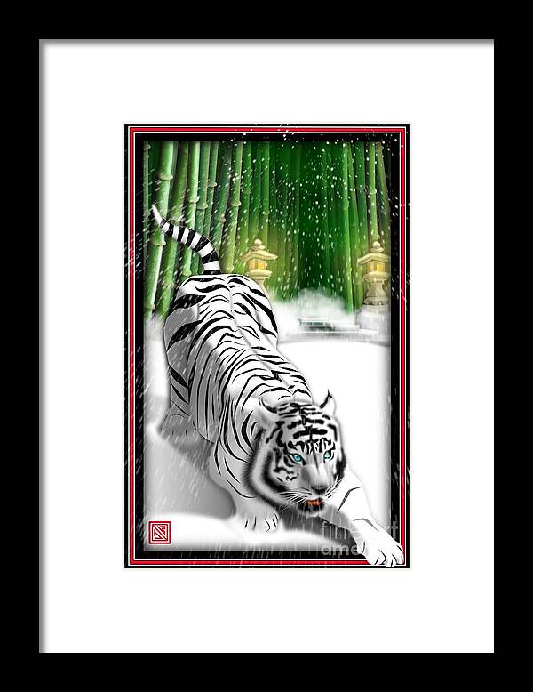 White Tiger Bamboo Mystical Forest China Bamboo Digital Tiger Painting Tiger Print White Tiger Snow Tiger Ancient Bamboo Forest Protective Tiger Defending Tiger Digital Tiger And Bamboo Bengal Tiger Painting Framed Print featuring the digital art White Tiger Guardian by John Wills