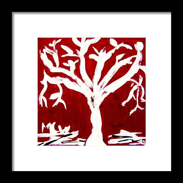 White Tree Framed Print featuring the painting White Tree on Red by Mary Carol Williams