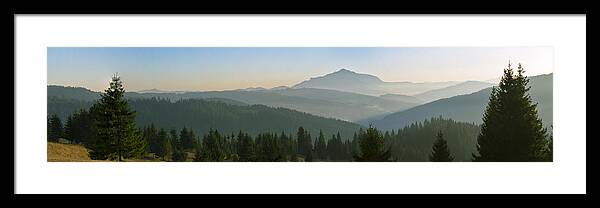 Mountain Framed Print featuring the photograph Wide panorama with mountains at sunset in late November by Vlad Baciu