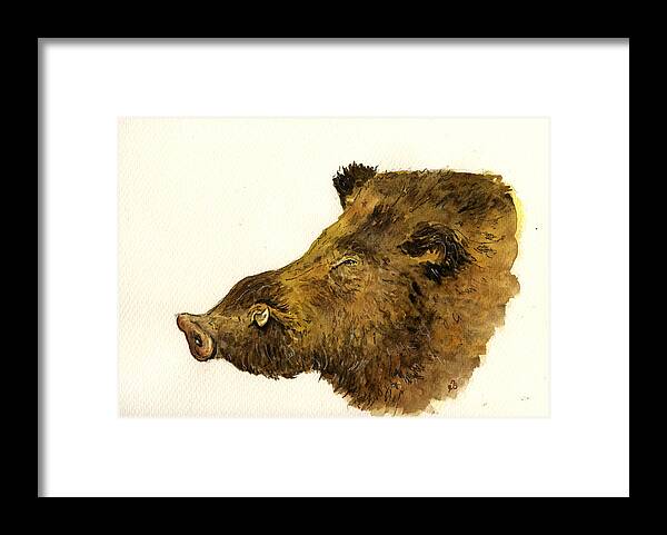 Wild Framed Print featuring the painting Wild boar head study by Juan Bosco