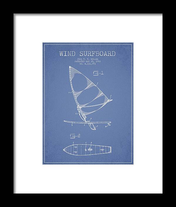 Surfboard Framed Print featuring the digital art Wind Surfboard patent drawing from 1982 - Light blue by Aged Pixel