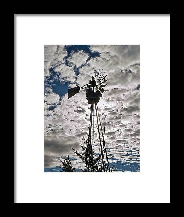 Windmill Framed Print featuring the digital art Windmill in the clouds by Cathy Anderson