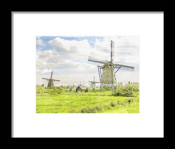 17th Framed Print featuring the digital art Windmills at Kinderdijk in the Netherlands by Patricia Hofmeester