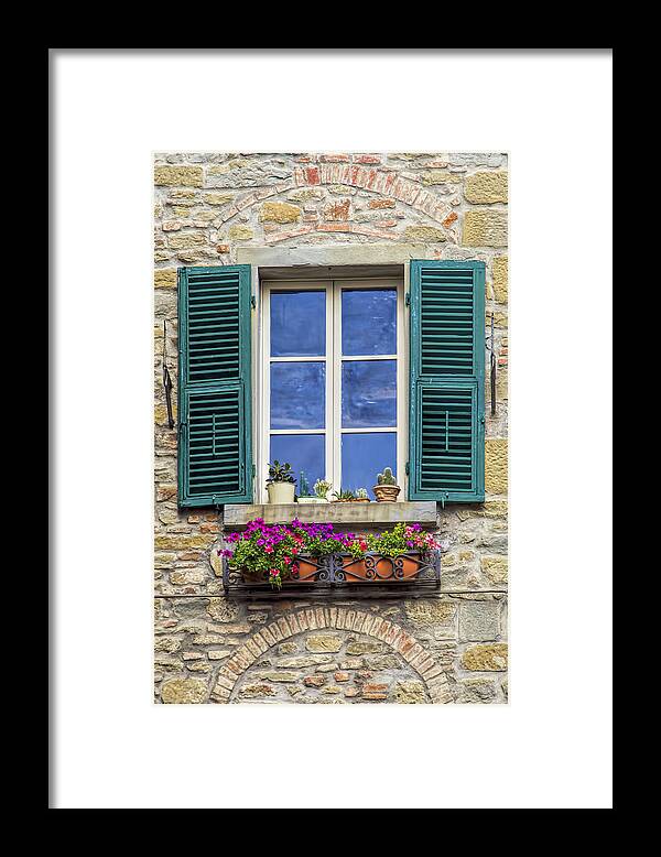 Arch Framed Print featuring the photograph Window of Tuscany with Green Wood Shutters by David Letts