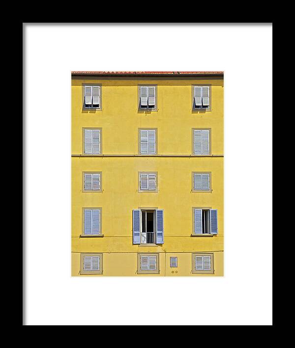 Balcony Framed Print featuring the photograph Windows of Florence Against a Faded Yellow Plaster Wall by David Letts