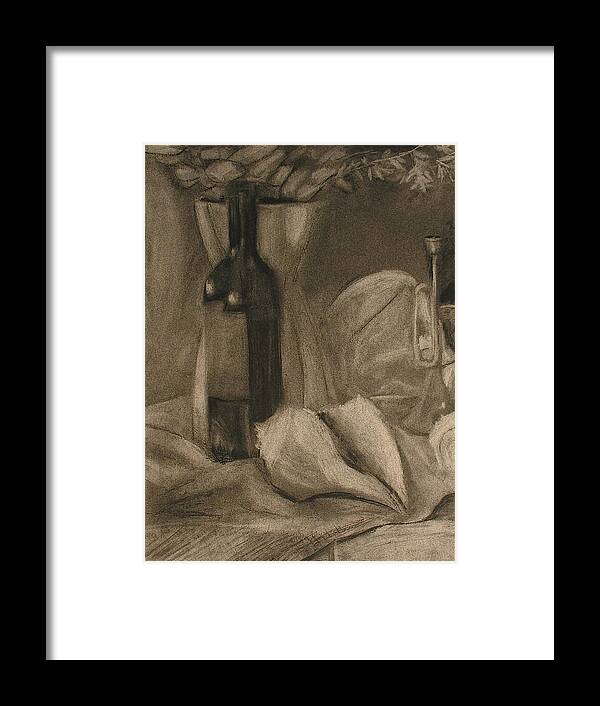 Charcoal Drawing Framed Print featuring the painting Wine bottle and Shell by Sheila Mashaw