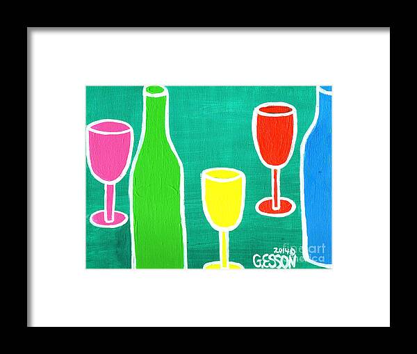 Abstract Framed Print featuring the painting Wine Glasss and Bottles with Green Background by Genevieve Esson