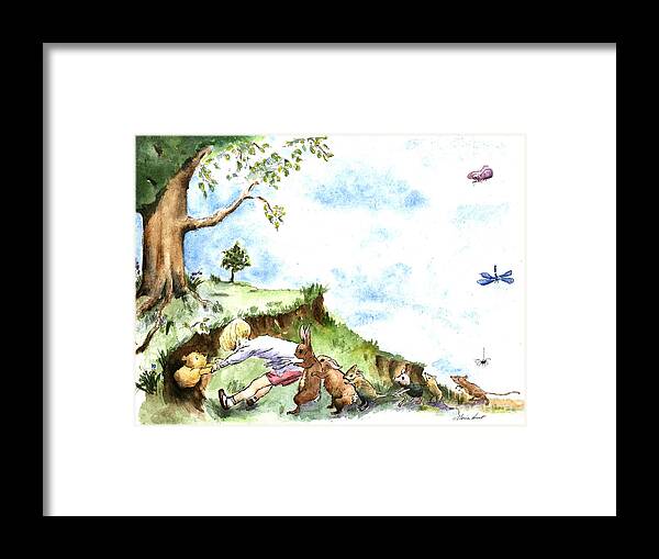 Winnie The Pooh Framed Print featuring the painting Helping Hands after E H Shepard by Maria Hunt