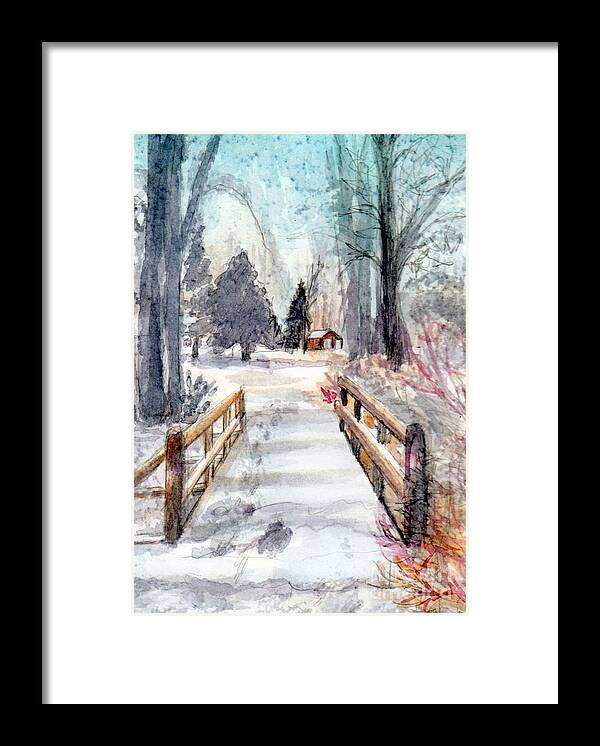 Watercolor Framed Print featuring the painting Winter Bridge by Deb Stroh-Larson