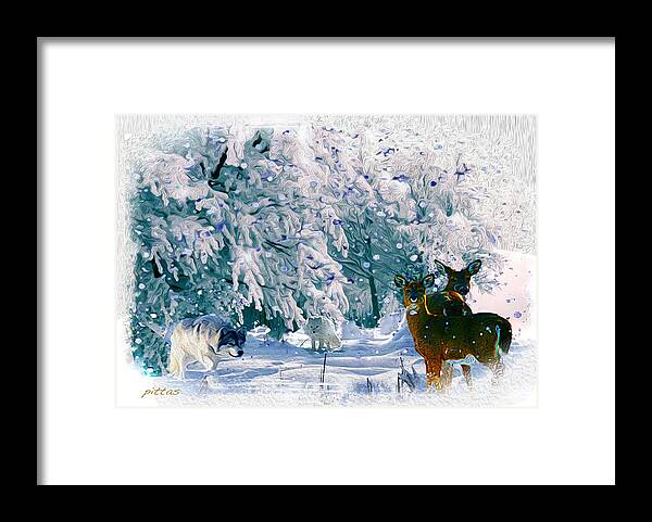 Winter Landscape Framed Print featuring the mixed media Winter Deer by Michael Pittas