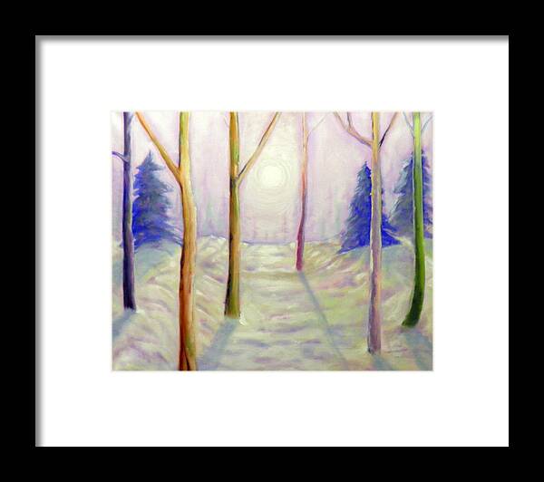 Trees Branches Sun Sunlight Shadows Snow Sky Orange Red Pink Violet Green Blue Yellow White Winter Landscape Framed Print featuring the painting Winter Light by Ida Eriksen