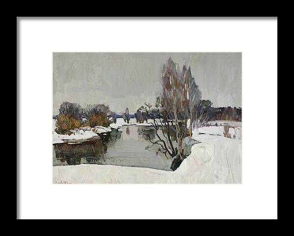Winter Framed Print featuring the painting Winter on river Kliazma by Juliya Zhukova