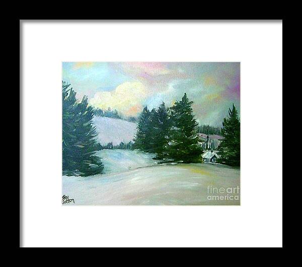 Snowy Scene Framed Print featuring the painting Winter Sang in the Chimneys by Patsy Walton