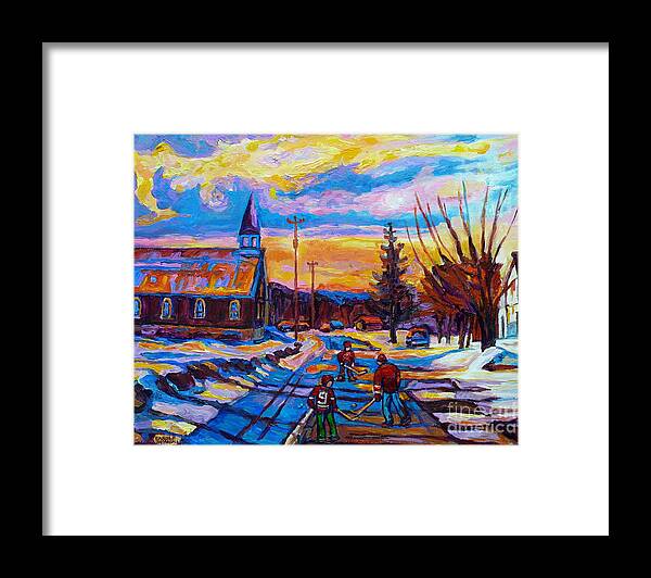 Hockey Framed Print featuring the painting Winter Scene Painting-hockey Game In The Village-rural Hockey Scene by Carole Spandau