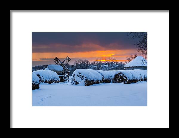 Snow Framed Print featuring the photograph Winter Sunset on the Farm by Holden The Moment