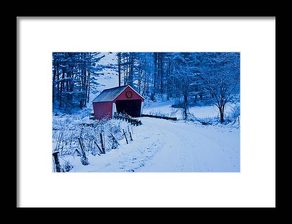 Vermont Covered Bridge Framed Print featuring the photograph winter Vermont covered bridge by Jeff Folger