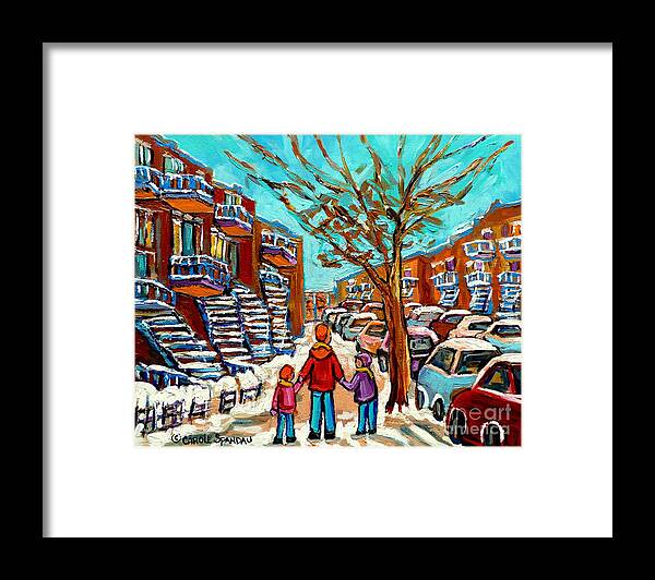 Montreal Framed Print featuring the painting Winter Walk Montreal Paintings Snowy Day In Verdun Montreal Art Carole Spandau by Carole Spandau