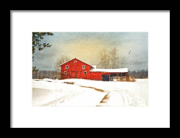 Red Barn. Landscape Framed Print featuring the photograph Winters Morning by Mary Timman