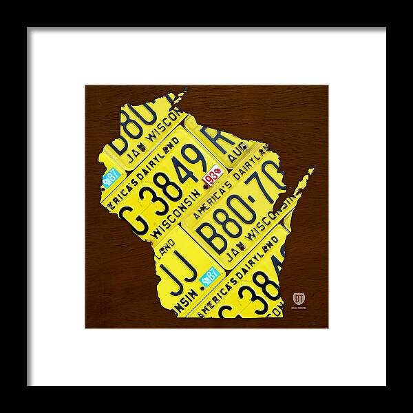 Wisconsin License Plate Map By Design Turnpike Madison Milwaukee License Plate Map Framed Print featuring the mixed media Wisconsin License Plate Map by Design Turnpike by Design Turnpike