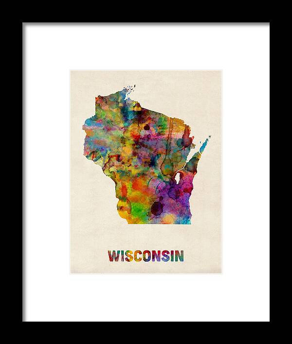 United States Map Framed Print featuring the digital art Wisconsin Watercolor Map by Michael Tompsett