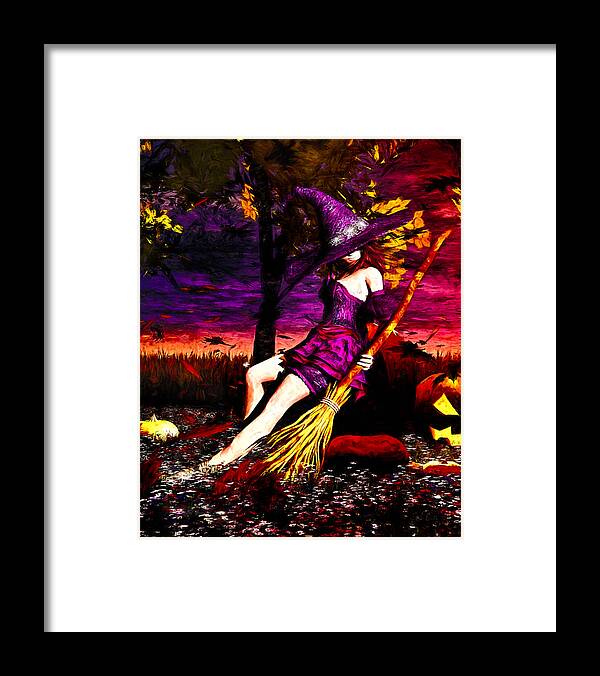 Pumpkin Patch Framed Print featuring the painting Witch in the pumpkin patch by Bob Orsillo