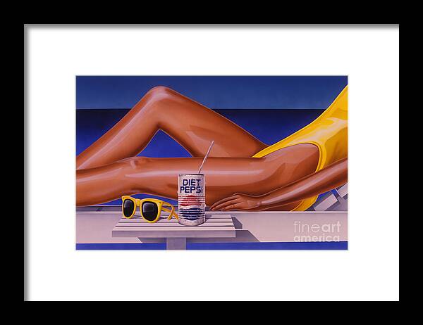 Diet Pepsi Framed Print featuring the painting Woman at Beach with Diet Pepsi by Tim Gilliland