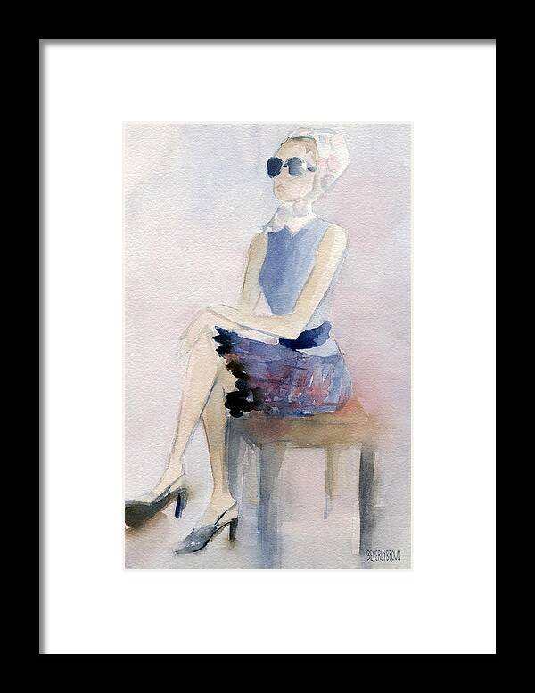 Fashion Framed Print featuring the painting Woman in Plaid Skirt and Big Sunglasses Fashion Illustration Art Print by Beverly Brown Prints