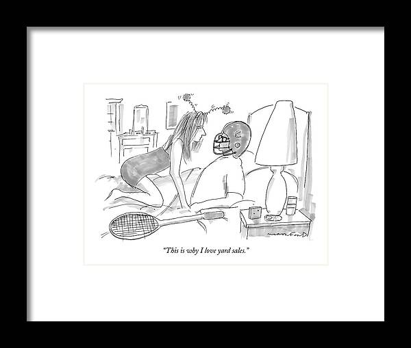 Sex Interiors Sports Games Relationships
 Framed Print featuring the drawing Woman Wearing Silly Headband To Man In Bed by Michael Crawford
