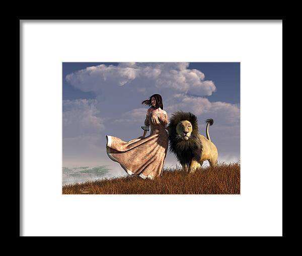 Lion Framed Print featuring the digital art Woman With African Lion by Daniel Eskridge