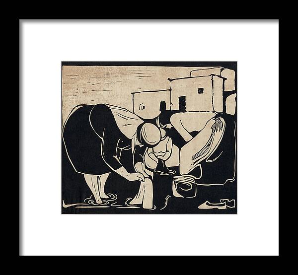  Framed Print featuring the drawing Women Washing Clothes by Mamoun Sakkal