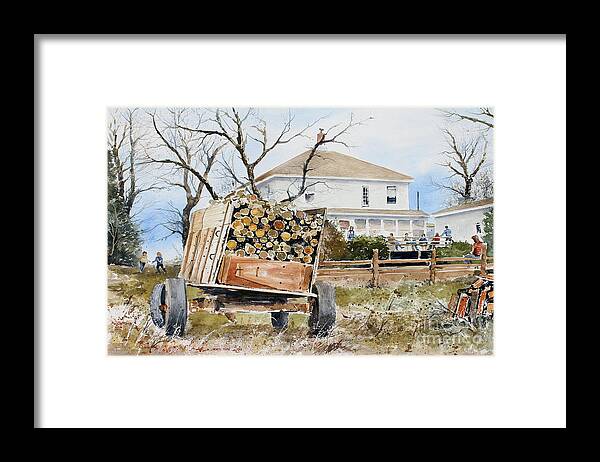 A Wagon Load Of Wood Sets In The Backyard Of A Farmhouse. Friends And Family Are Gathered On The Back Porch. Framed Print featuring the painting Wood Wagon by Monte Toon