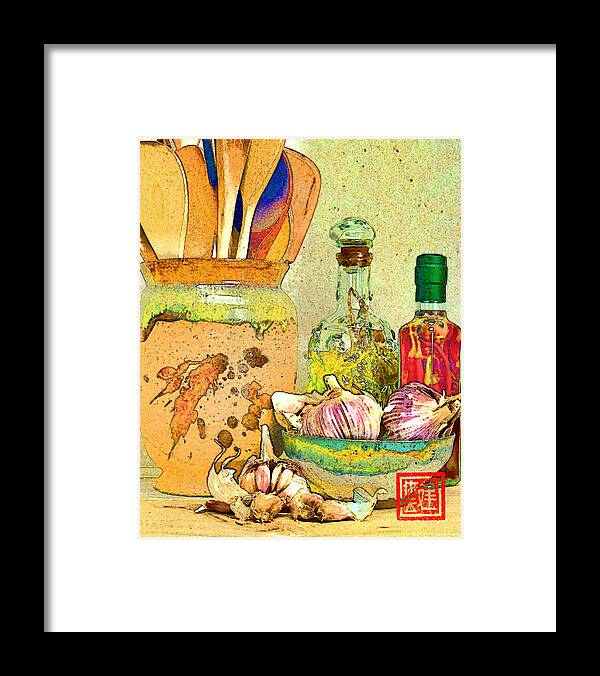 Pottery Framed Print featuring the digital art Wooden Spoons and Garlic II by Ken Evans