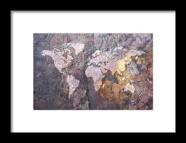 World Map Framed Print featuring the digital art World Map on Stone Background by Michael Tompsett