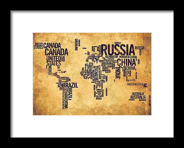 World Map Framed Print featuring the painting World Map Typography 6 Watercolor Painting by Georgeta Blanaru