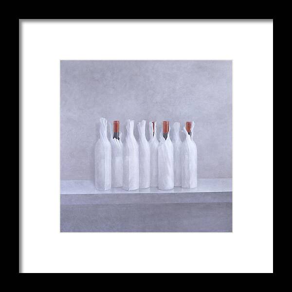 Bottle; Wrapping; Paper; Alcohol; Alcoholic; Beverage; Drink; Wine Framed Print featuring the painting Wrapped bottles on grey 2005 by Lincoln Seligman